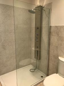 a shower with a glass door next to a toilet at Casa Elena in Camporgiano +18 photos