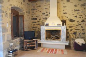 a living room with a fireplace with a dog laying inside at Casa Benavista in Kerásia