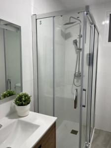 bagno con doccia e porta in vetro di La encantá ad Almodóvar del Río