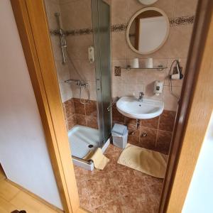 La salle de bains est pourvue d'une douche et d'un lavabo. dans l'établissement Penzion Pr' Betel, à Jesenice