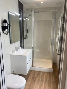 La salle de bains est pourvue d'une douche, d'un lavabo et de toilettes. dans l'établissement Hôtel Villa Des 2 Caps, à Wimereux