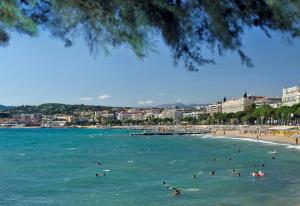 un groupe de personnes dans l'eau d'une plage dans l'établissement Résidence Residéal Premium Cannes, à Cannes