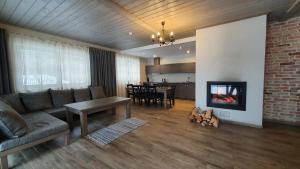 a living room with a couch and a fireplace at Sea House Dzelmes in Mazirbe