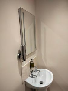 a bathroom with a white sink and a mirror at The Overlook Bed and Breakfast in Glastonbury