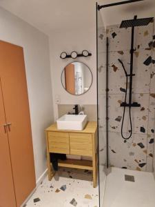 y baño con lavabo y ducha con espejo. en Magnifique Villa avec Piscine en Provence, en Verquières