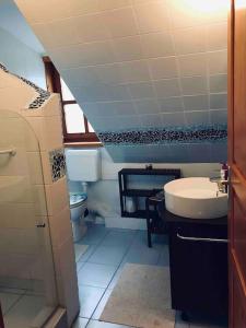 a bathroom with a sink and a toilet at Kis Pele nyaraló in Balatongyörök