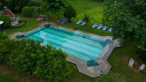 an overhead view of a swimming pool with chairs and trees at Hotel Narain Niwas Palace in Jaipur