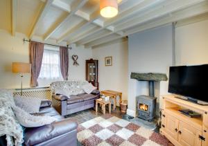 a living room with a couch and a tv and a fireplace at Ty Newydd in Dolgellau