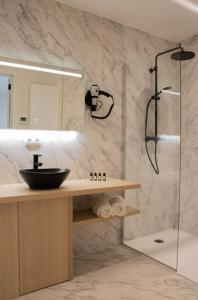 een badkamer met een wastafel en een douche met een spiegel bij B&B elzartwinning in Hasselt