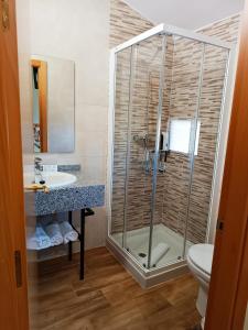 een badkamer met een douche, een wastafel en een toilet bij Hotel Alma Rosa in Navaluenga