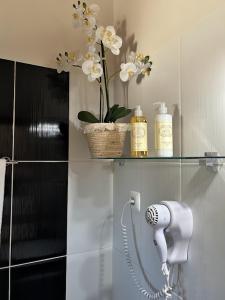 a bathroom with a phone and flowers on a shelf at Quinta da Boavista in Vila Nova de Milfontes