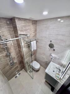 y baño con ducha, aseo y lavamanos. en Petra Icon Hotel en Wadi Musa