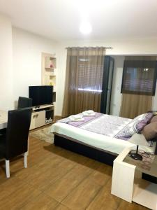 Schlafzimmer mit einem Bett, einem Schreibtisch und einem TV in der Unterkunft Laguna apartman 2 in Niš
