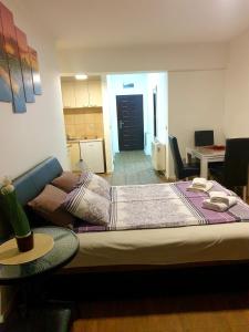 ein Schlafzimmer mit einem Bett und ein Wohnzimmer mit einem Tisch in der Unterkunft Laguna apartman 2 in Niš