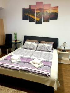 ein Schlafzimmer mit einem Bett mit drei Handtüchern darauf in der Unterkunft Laguna apartman 2 in Niš