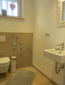 baño con lavabo y aseo y ventana en Alpenhof Garnihotel & Ferienwohnungen, en Garmisch-Partenkirchen