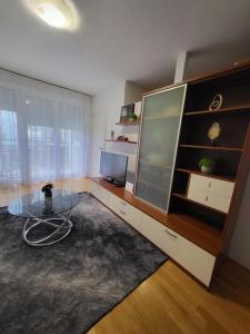 札格雷布的住宿－Apartment Tonci Vrbani，客厅配有玻璃桌和电视