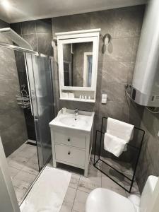 uma casa de banho com um lavatório e um chuveiro em Apartament Tytusowy Potok em Zakopane