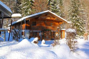 uma cabana de madeira na neve na floresta em Ferienwohnungen Haus Waldwinkel em Aschau im Chiemgau