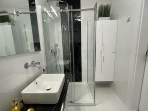 Un baño blanco con lavabo y ducha. en Apartament przy Marsa, en Varsovia