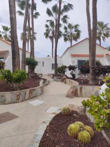 une cour avec des palmiers et un bâtiment dans l'établissement Casa Lidia Costa Calma beach, à Costa Calma