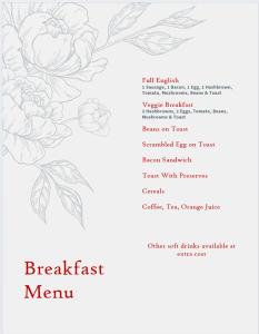 a menu for a breakfast menu with roses at The King Alfred in Street