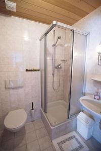 a bathroom with a shower and a toilet and a sink at Hotel Fantastic in Neckartenzlingen