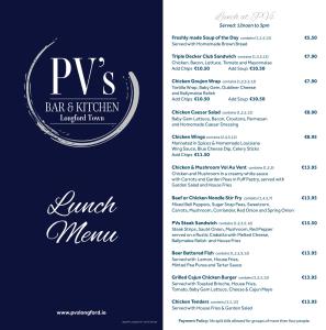 um menu para um bar e menu de almoço de cozinha em Pv Fallons em Longford