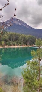 a lake with trees and a mountain in the background at Peak heaven in Feneos