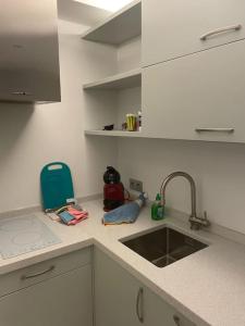 - une cuisine avec un évier et un comptoir dans l'établissement Appartement studio neuf avec parking à 50m de la plage, à Cannes