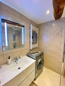 ein Badezimmer mit einer Waschmaschine und einem Waschbecken in der Unterkunft Green Patio in Antibes