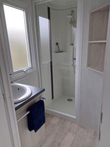 uma casa de banho branca com um chuveiro e um lavatório. em Vakantiechalet Jonagold 4 personen em Hengstdijk