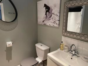 a bathroom with a toilet and a sink and a mirror at Seaforth St Ives in St Ives