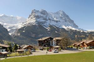 a snow covered mountain in front of a town with houses at Apartments Kirchbühl in Grindelwald