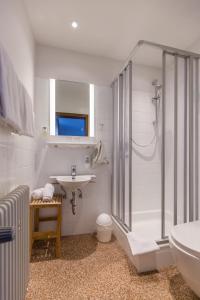ein weißes Bad mit einer Dusche und einem Waschbecken in der Unterkunft Hotel Vorderburg in Schlitz