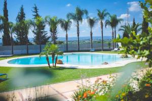 una piscina con palmeras en el fondo en Casale Santuzza - Xenia Sicily Villas en Siracusa