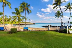 Fairways at Mauna Lani #1703 في Kawailiula: اطلالة على شاطئ به نخل والمحيط