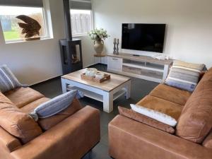 巴勒姆Ballumerhoeve Tree Lodge的有两张沙发和一台电视的客厅