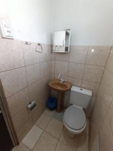 La petite salle de bains est pourvue de toilettes et d'un lavabo. dans l'établissement Pousada Torre dos Mouros, à Pirenópolis