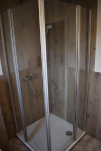 um chuveiro com uma porta de vidro na casa de banho em Blick auf den Bodden em Ribnitz-Damgarten