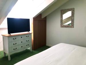 ein Schlafzimmer mit einem Bett und einem TV auf einer Kommode in der Unterkunft Antica Locanda Leonardo in Mailand