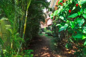 un camino a través de un jardín con palmeras y un edificio en Rosetum Anjuna Goa, en Anjuna