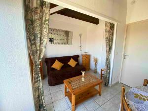 ein Wohnzimmer mit Sofa und Tisch in der Unterkunft Appartement charmant à Saint-Cyprien Plage - 34 m² + Terrasse in Saint Cyprien Plage