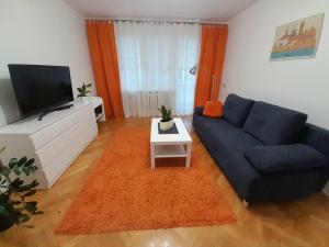een woonkamer met een blauwe bank en een tv bij Kinga in Toruń