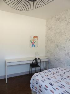 een slaapkamer met een bureau, een bed en een stoel bij Bagatelle - 2 chambres in Talence