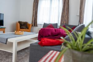 a living room with a couch with red pillows at Schlafen zur Brauerei St. Johann in Nesslau