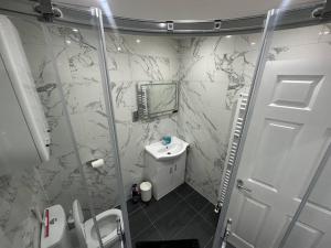 2 Bedroom house,BrownhillRd SE6 في لندن: حمام مع مرحاض ومغسلة ودش