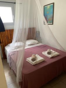 a bedroom with a bed with two towels on it at La Case de Guy in Le Gosier +17 photos