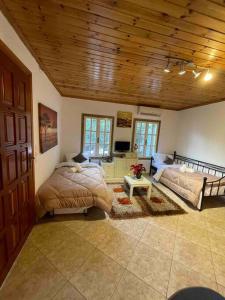 - une chambre avec deux lits et un plafond en bois dans l'établissement Maritina house, à Poúlithra