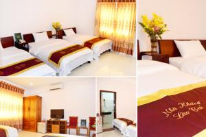 four pictures of a hotel room with three beds at Nhà khách Lao Cai in Hanoi